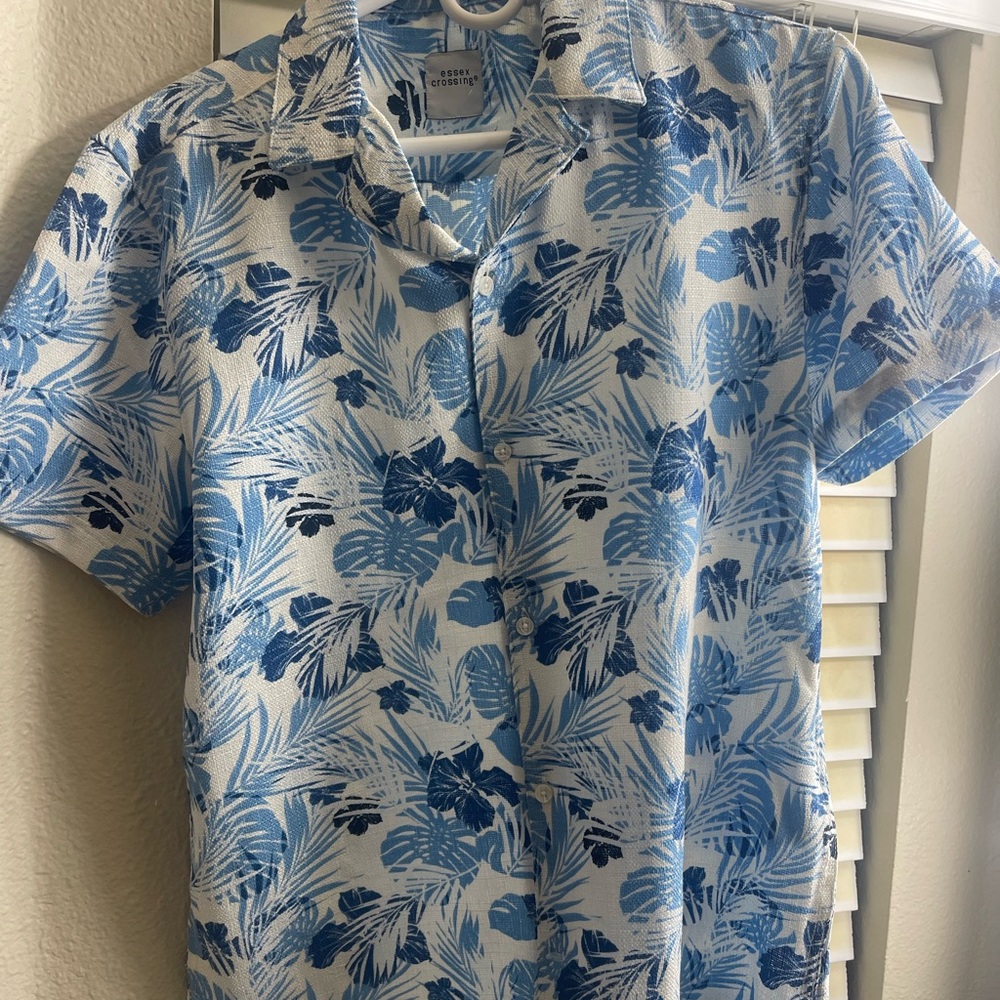 George Blue and White Tropical Print Shirt